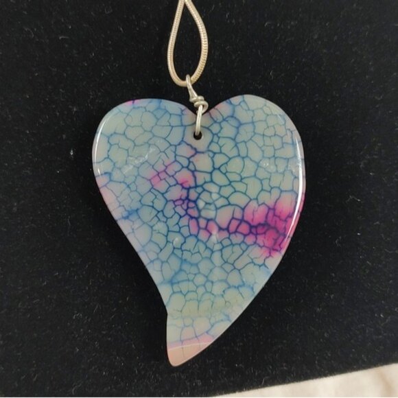 2" Dragon Vein Agate Heart Pendant Sterling Silver Chain Necklacf - Picture 5 of 8